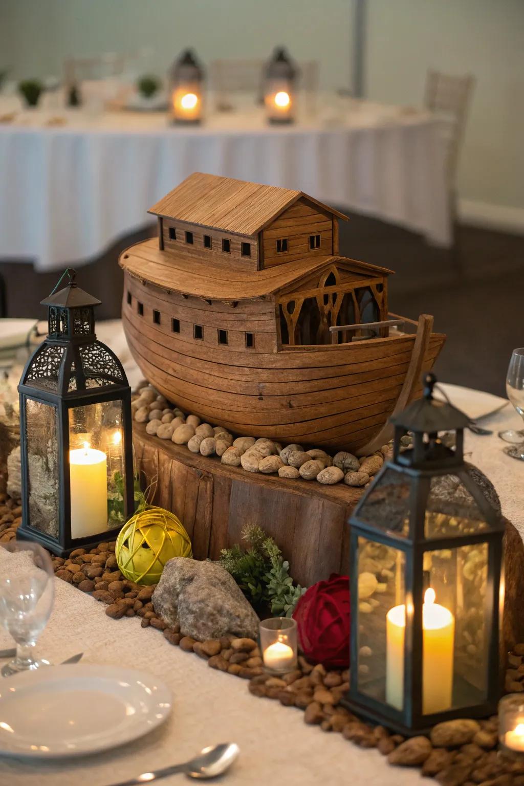 Lanterns add light and charm to this Noah's Ark centerpiece.