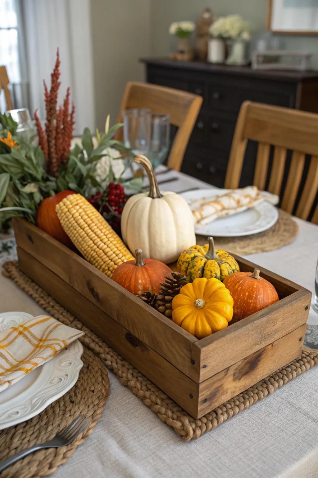 Celebrate the harvest with a centerpiece that showcases the bounty of the season in a rustic wooden crate.