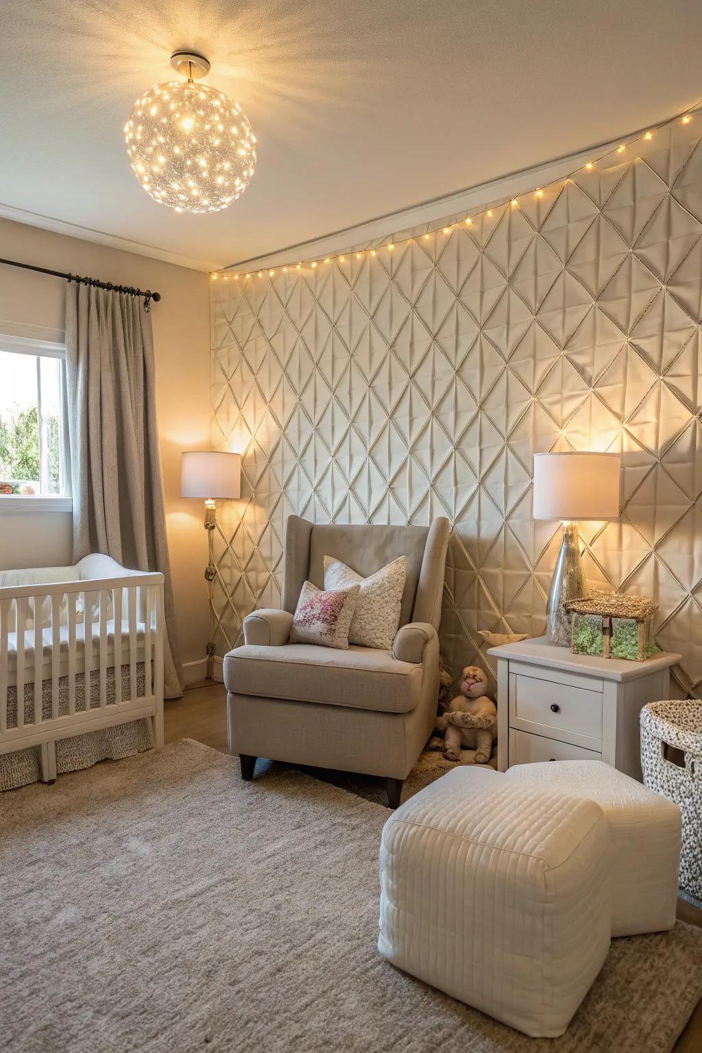 A cozy nursery with a textured fabric accent wall adding depth and warmth.