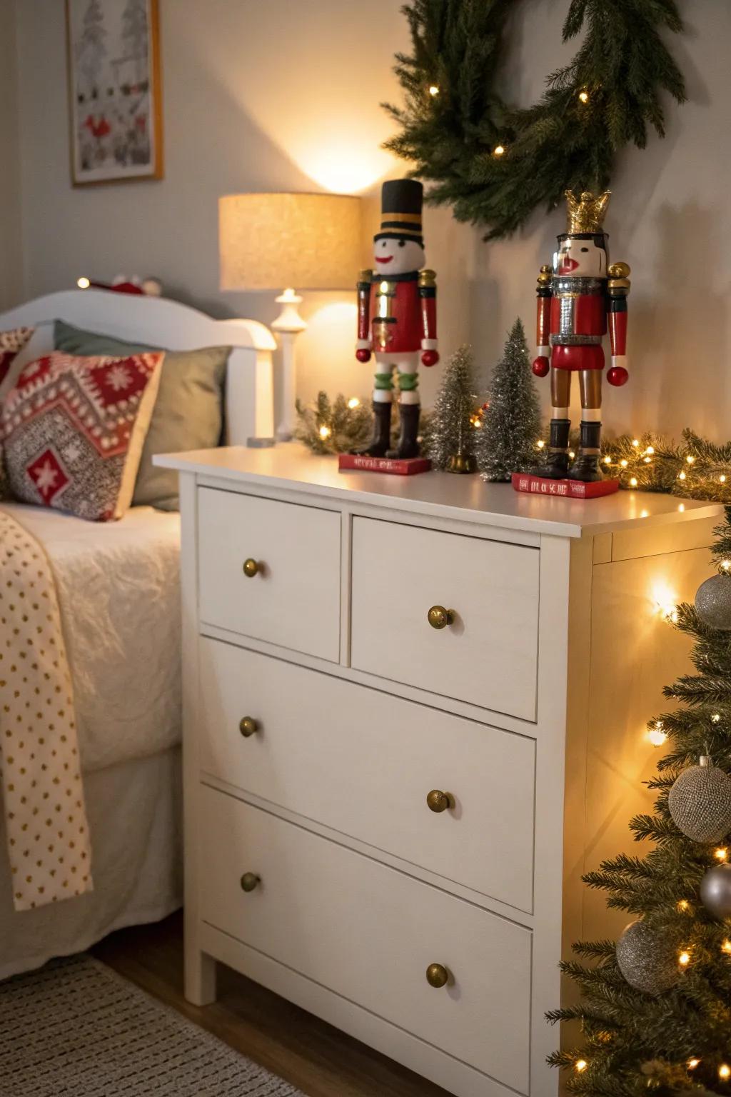 Nutcrackers bring holiday cheer to the bedroom.