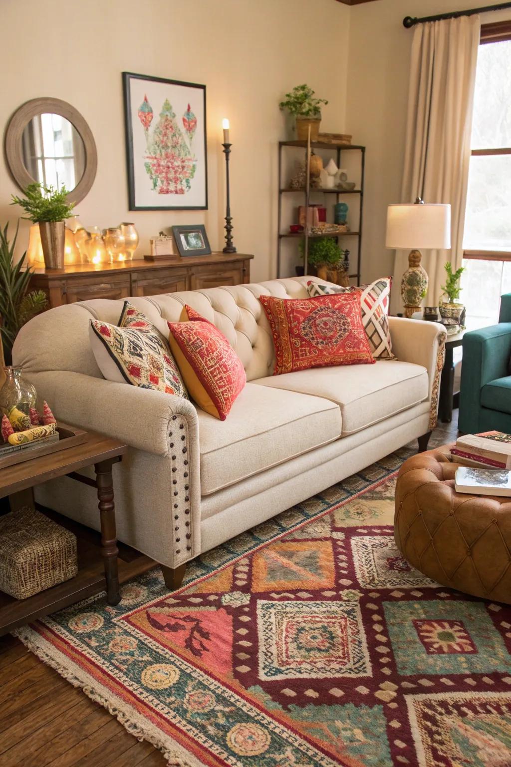 Eclectic decor pieces turn an oatmeal sofa setting into a unique, personal space.