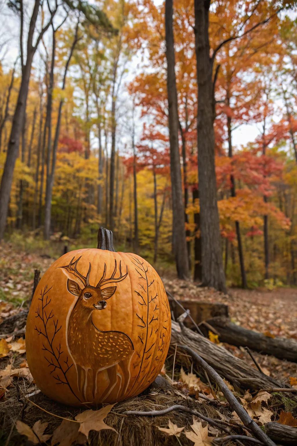 A majestic deer with antlers stretching across the pumpkin, perfect for a natural touch.