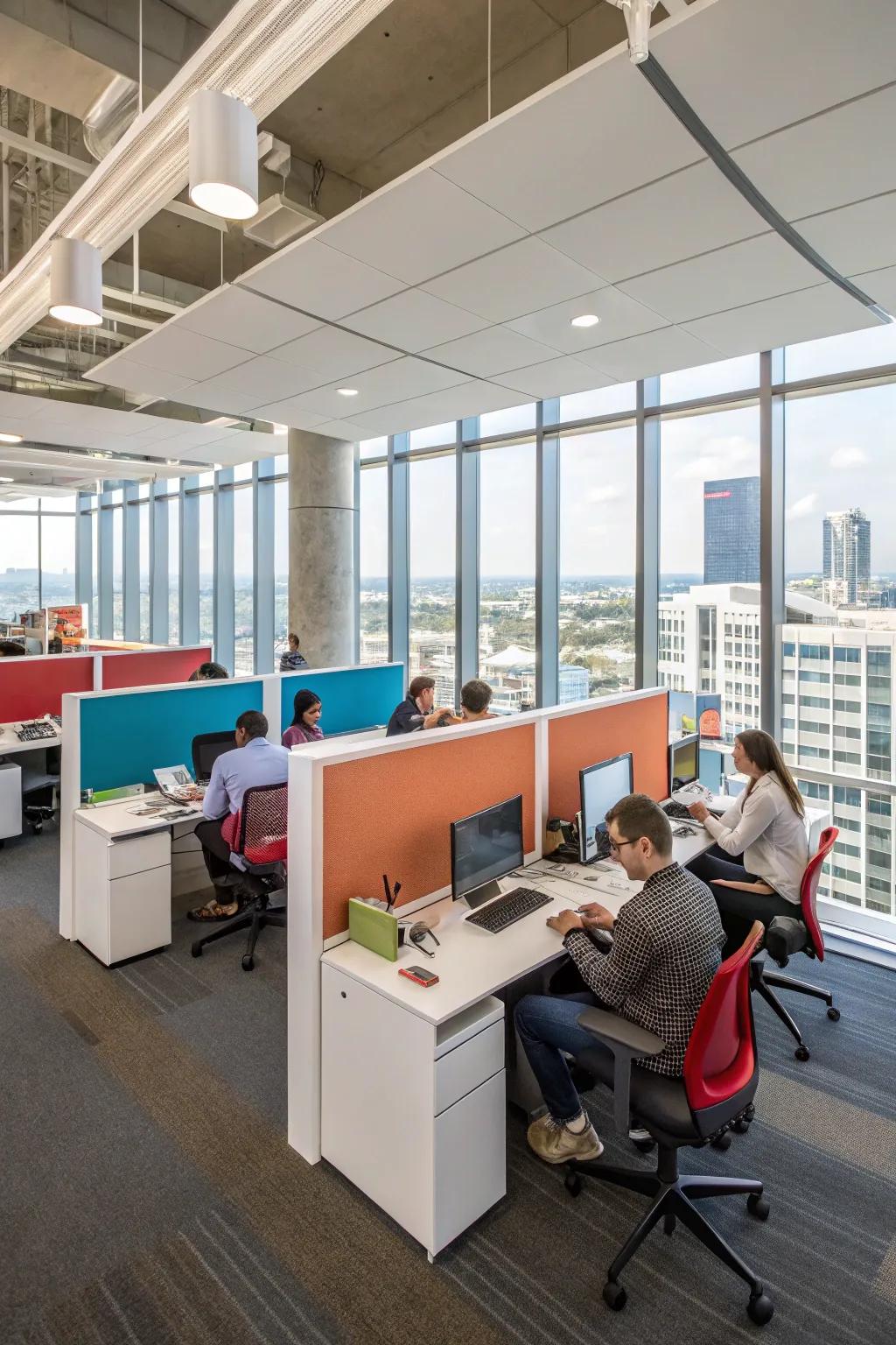 Angled workstations creating a vibrant and open office environment.