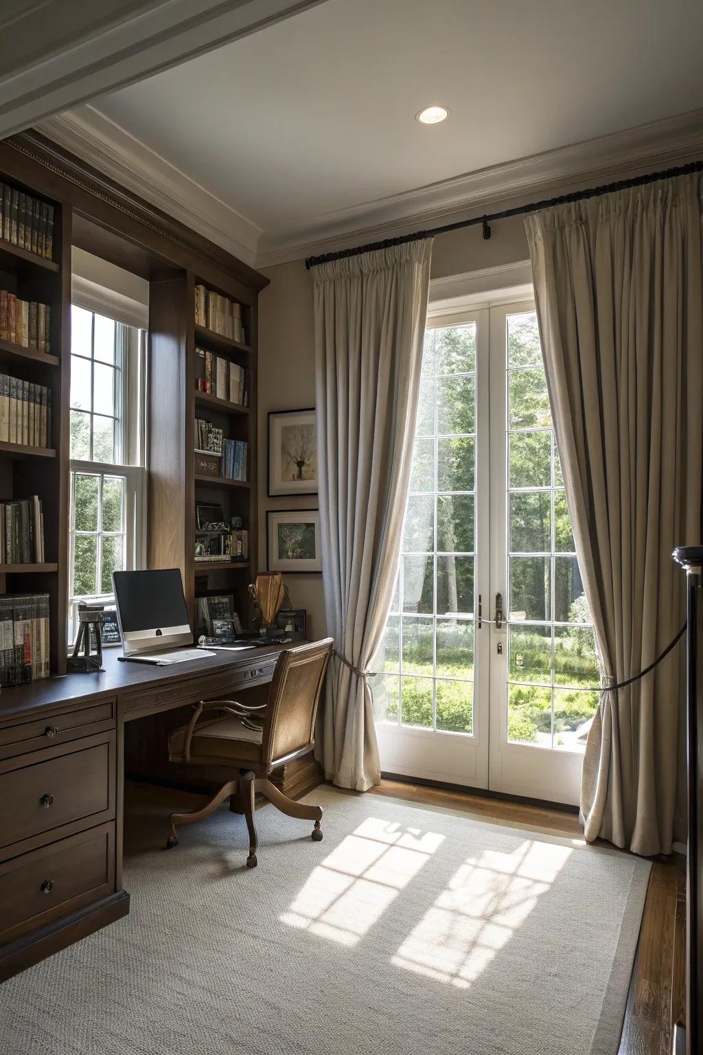 Floor-length curtains add drama and elegance to the office.