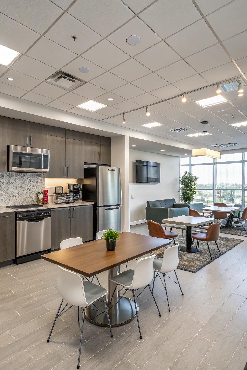 Office kitchens serve as social hubs for employee interaction.