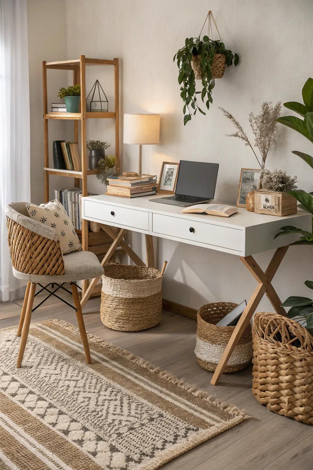 Textured elements add depth and warmth to a home office.