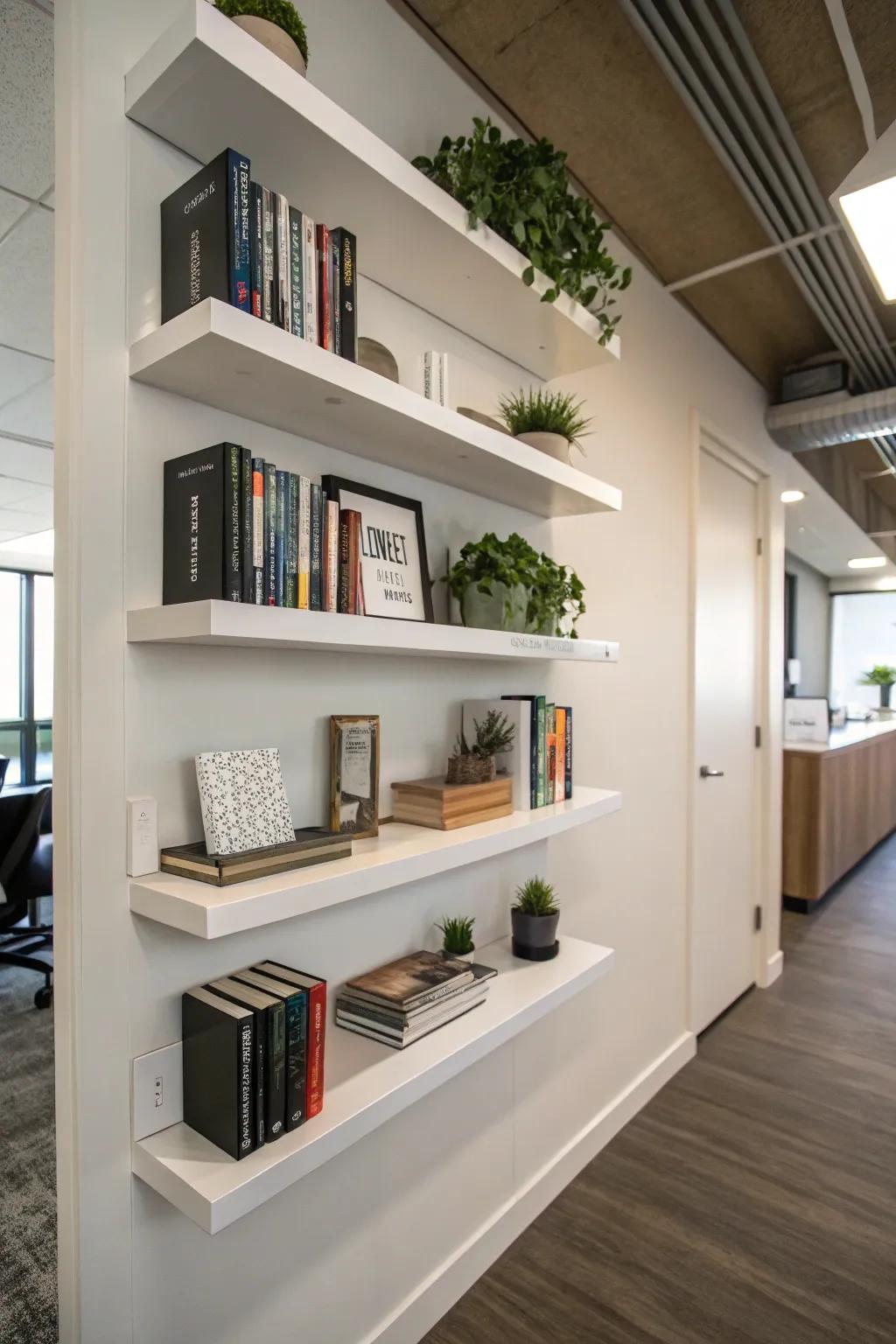 Floating shelves enhance storage while preserving openness.