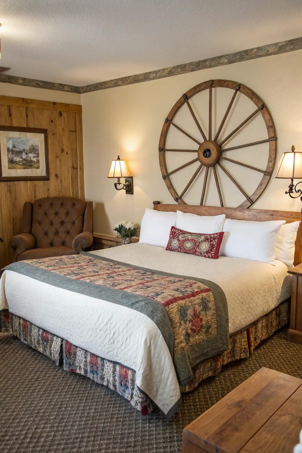 A wagon wheel headboard adds a cozy, country feel.