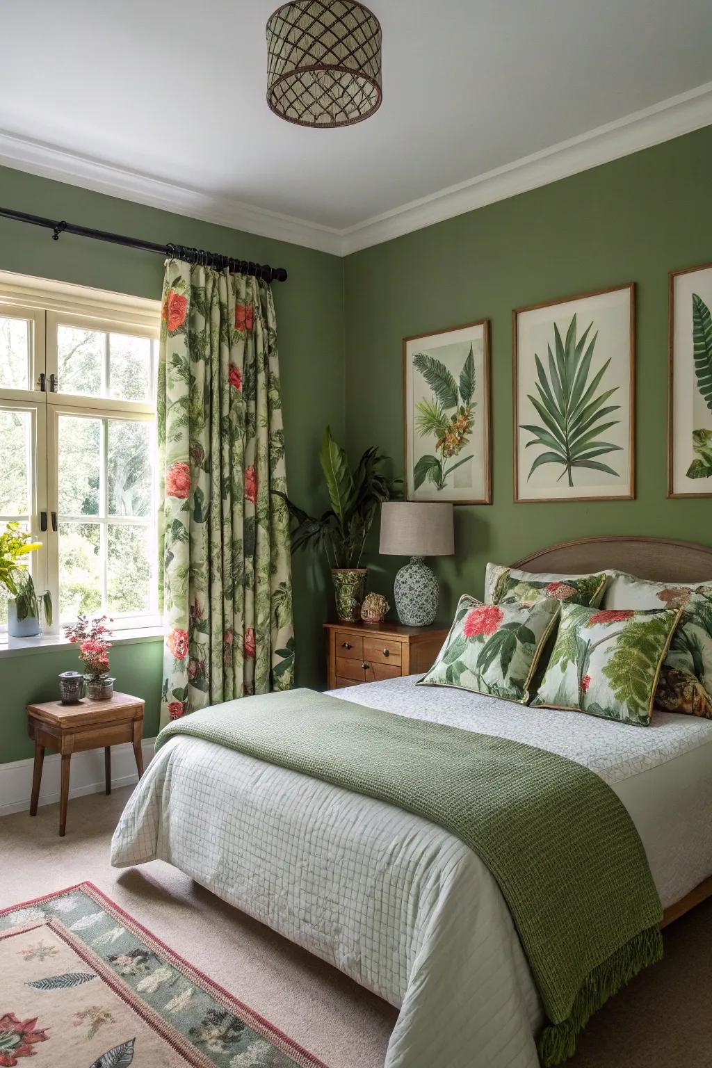 Botanical prints paired with olive green bring a natural vibe.