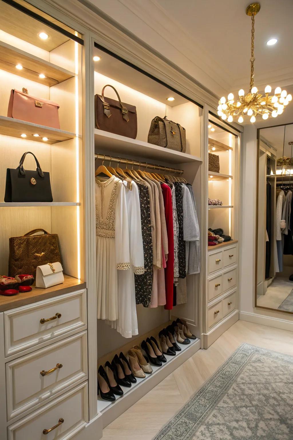 A boutique-inspired open closet with sophisticated displays.