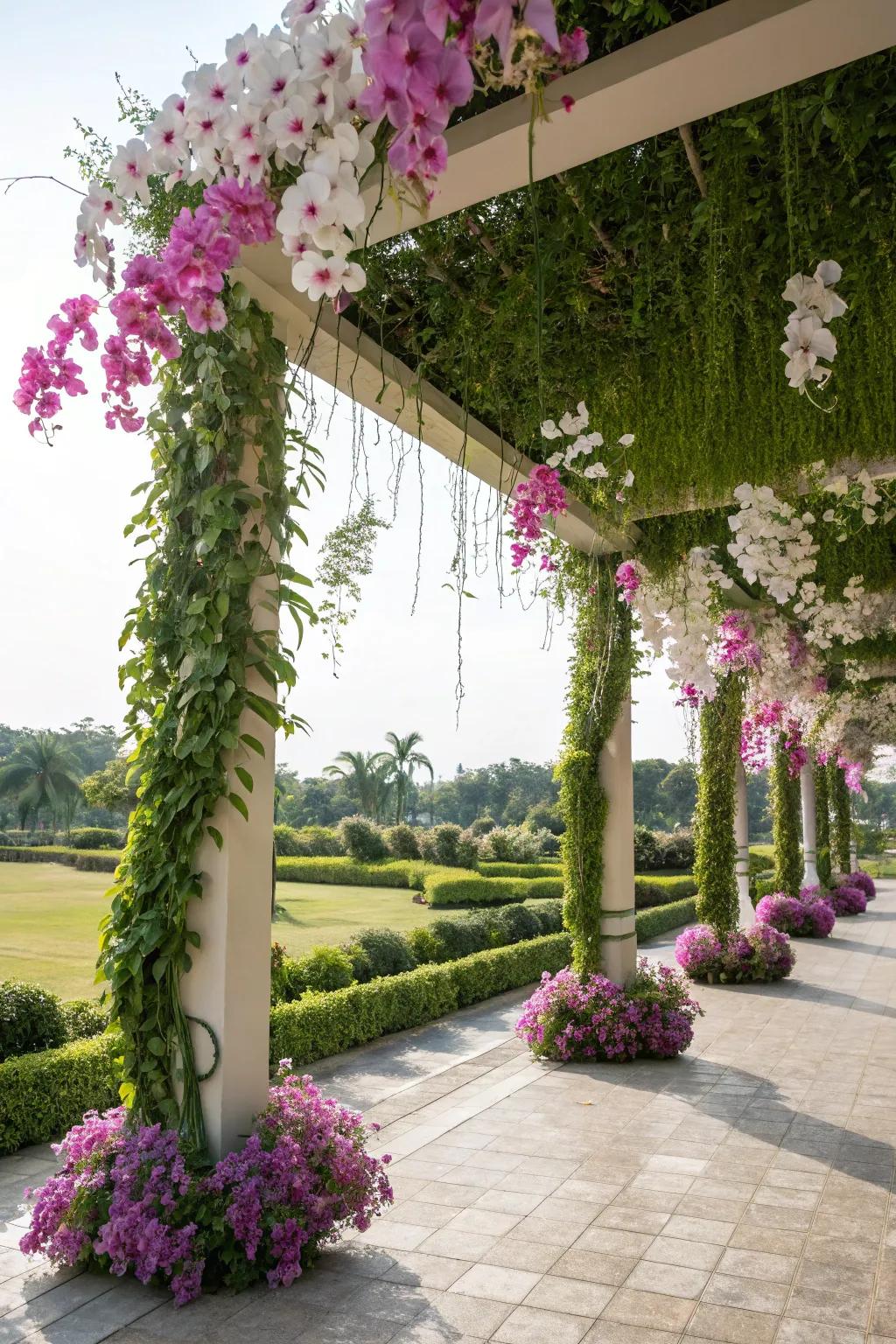 A garden pergola transformed into a lush orchid display.