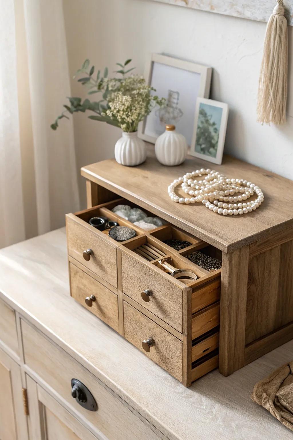 Embrace nostalgia and style with a vintage drawer unit for your hair accessories. Perfect organization with a touch of Boho elegance!