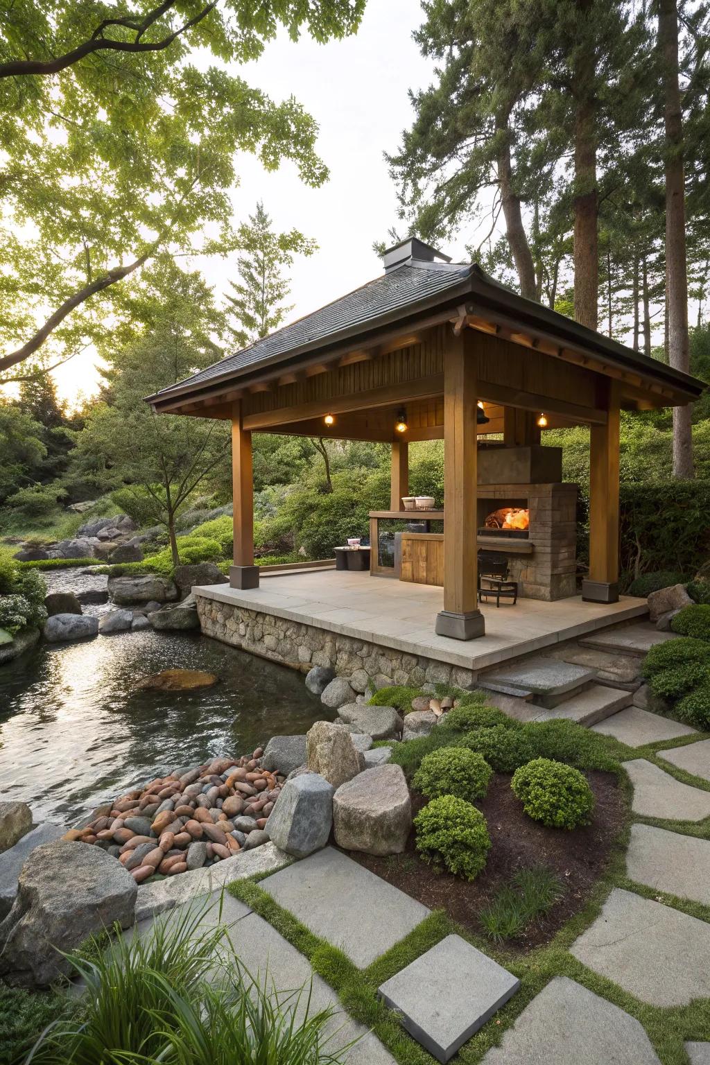 An Asian-inspired Zen pavilion providing a tranquil BBQ setting.