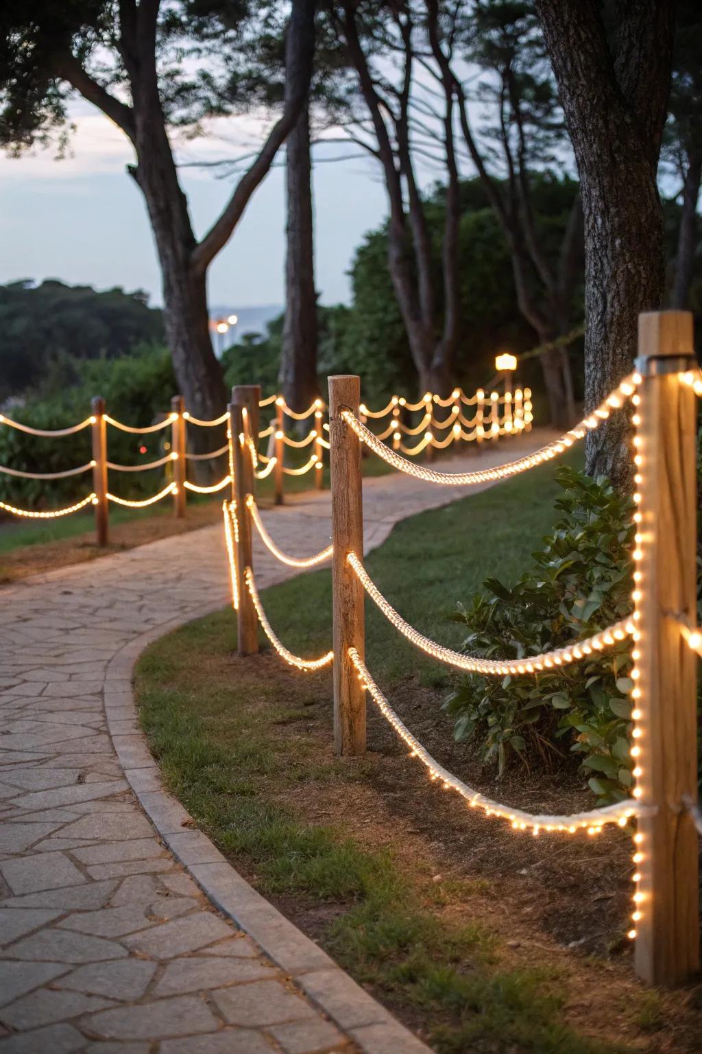 Rope lights provide versatile and durable accents, outlining walkways and fences beautifully.