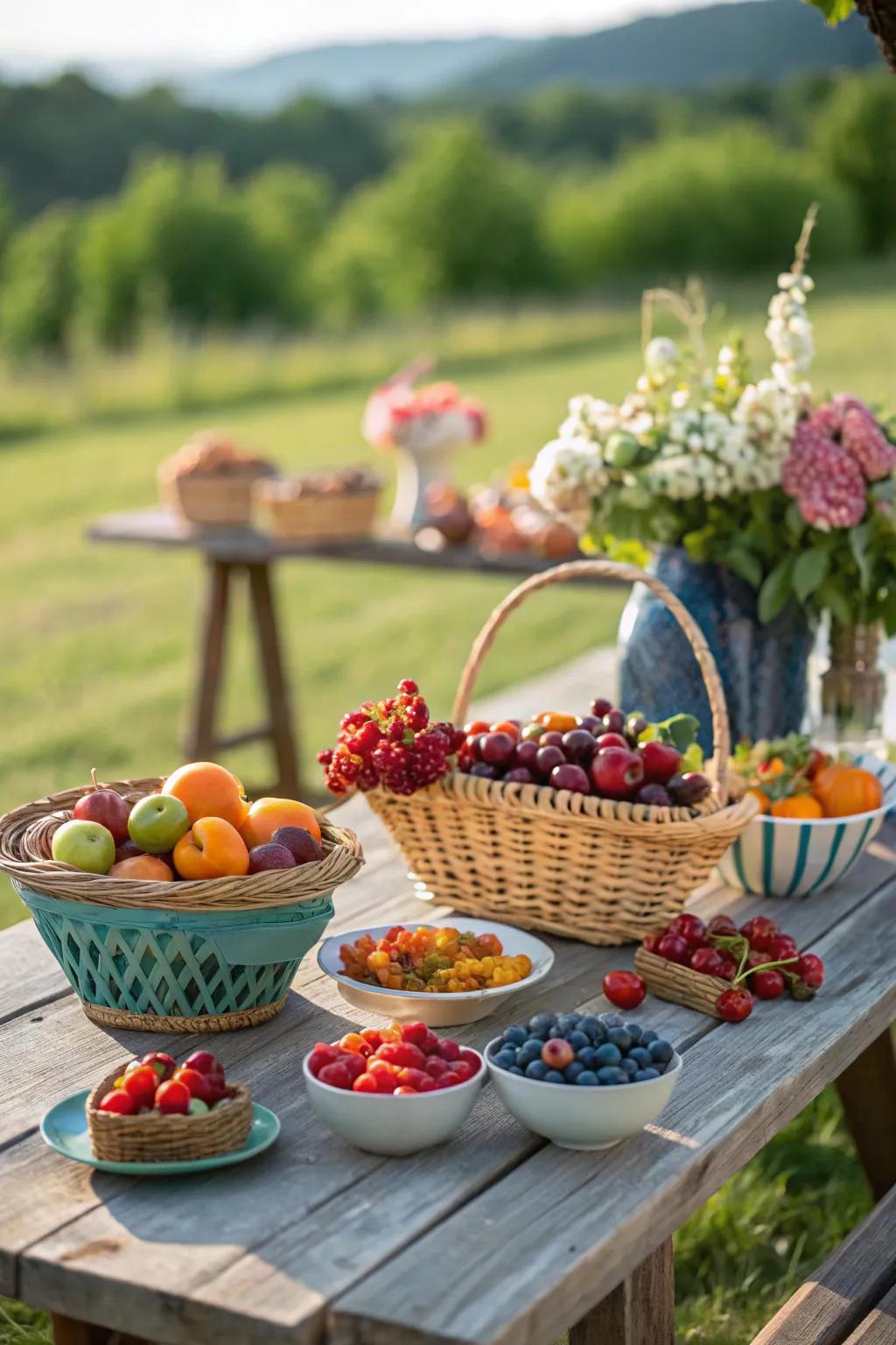 Seasonal fruits add vibrancy and freshness to picnic table decor.