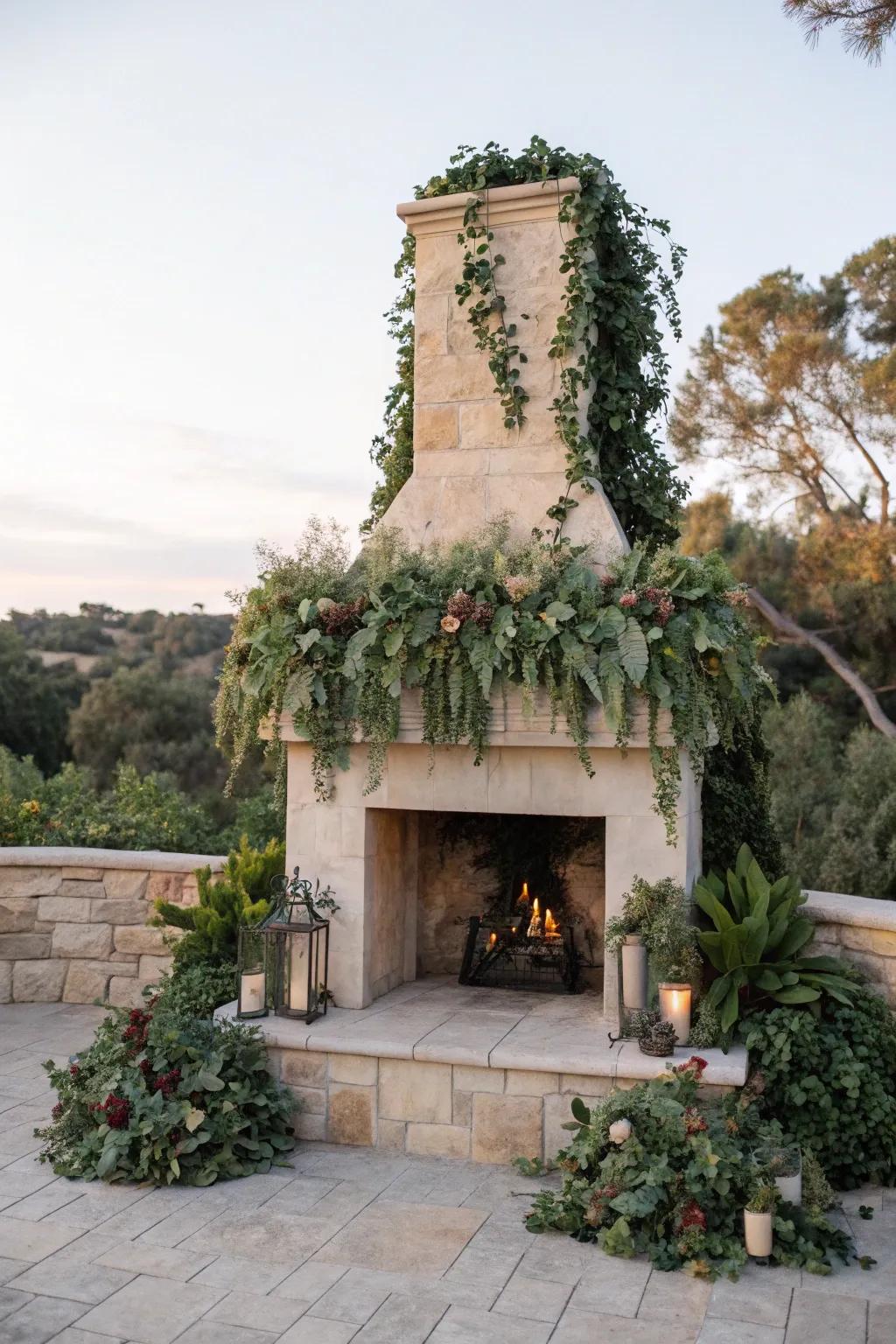 A lush mantel adorned with cascading greenery.