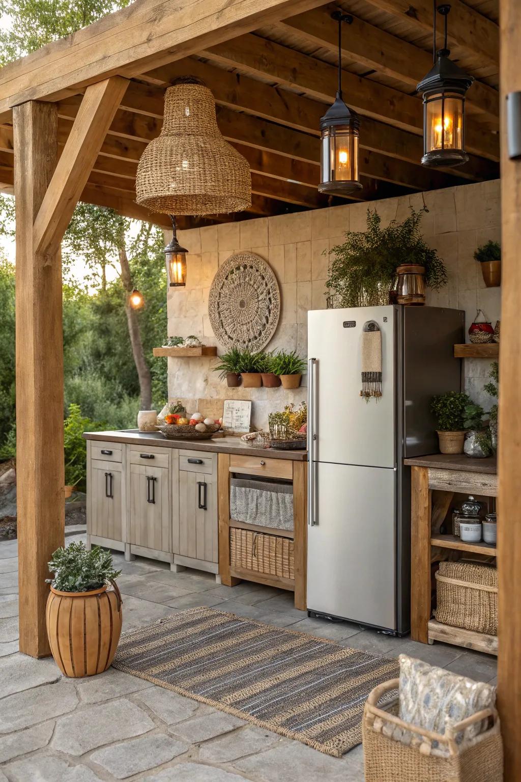 Wooden accents provide a rustic charm to outdoor kitchen setups.