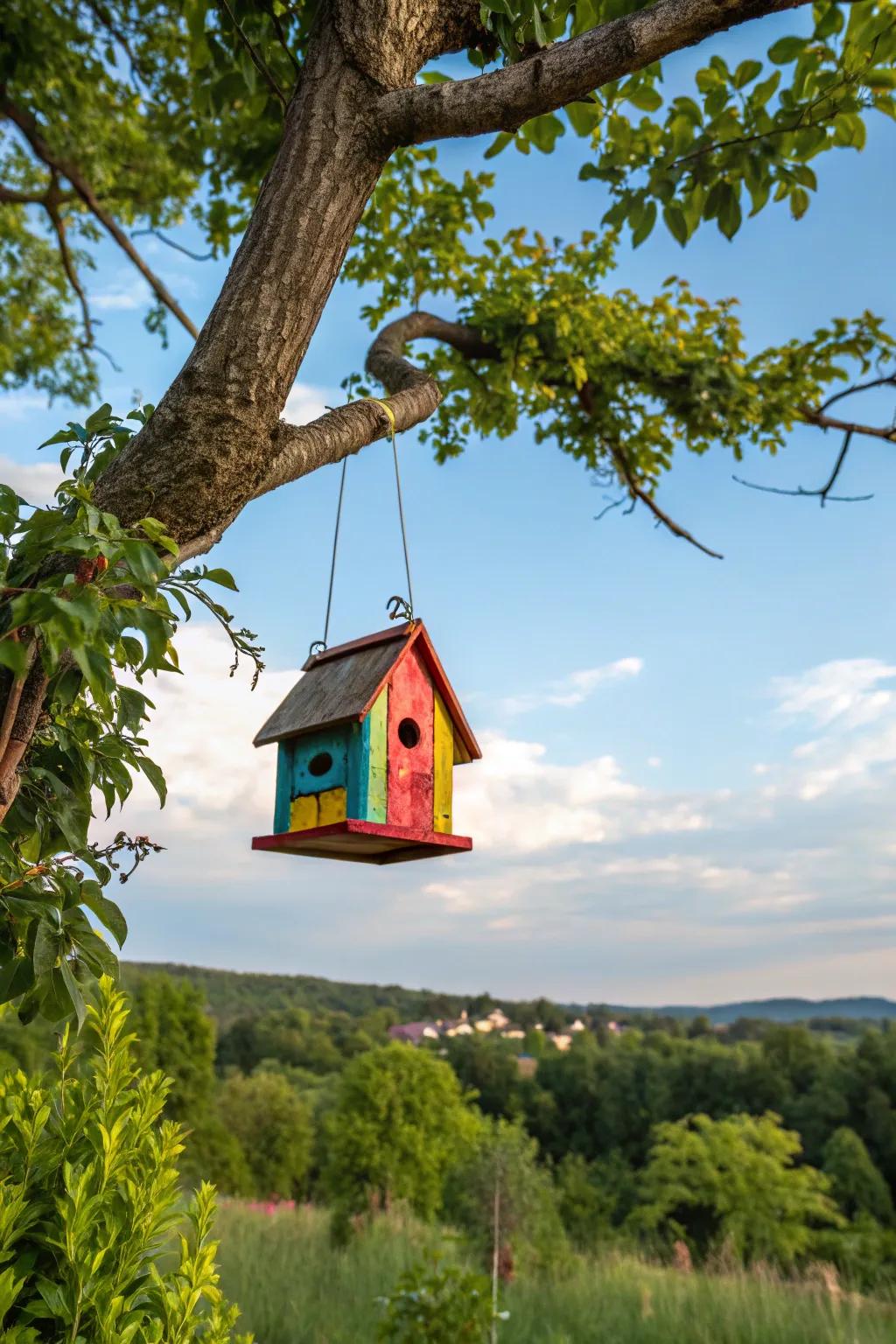 A DIY birdhouse offering a home for garden visitors.