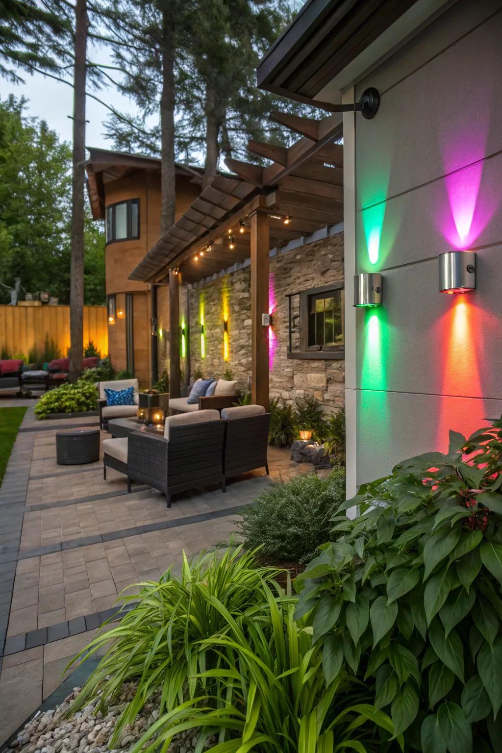 Colored LEDs bring vibrant energy to outdoor areas.