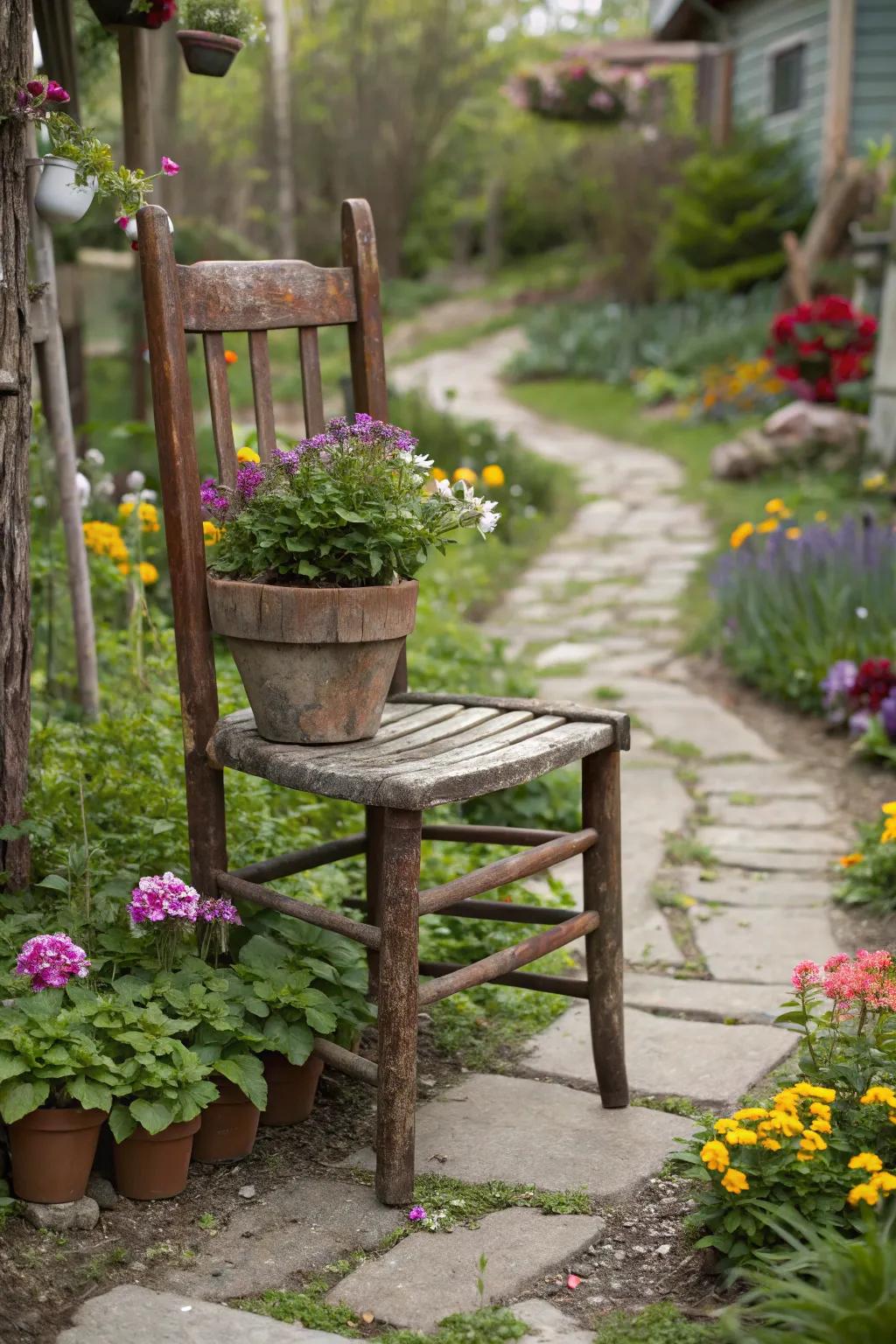 Add whimsy with a vintage chair plant stand.