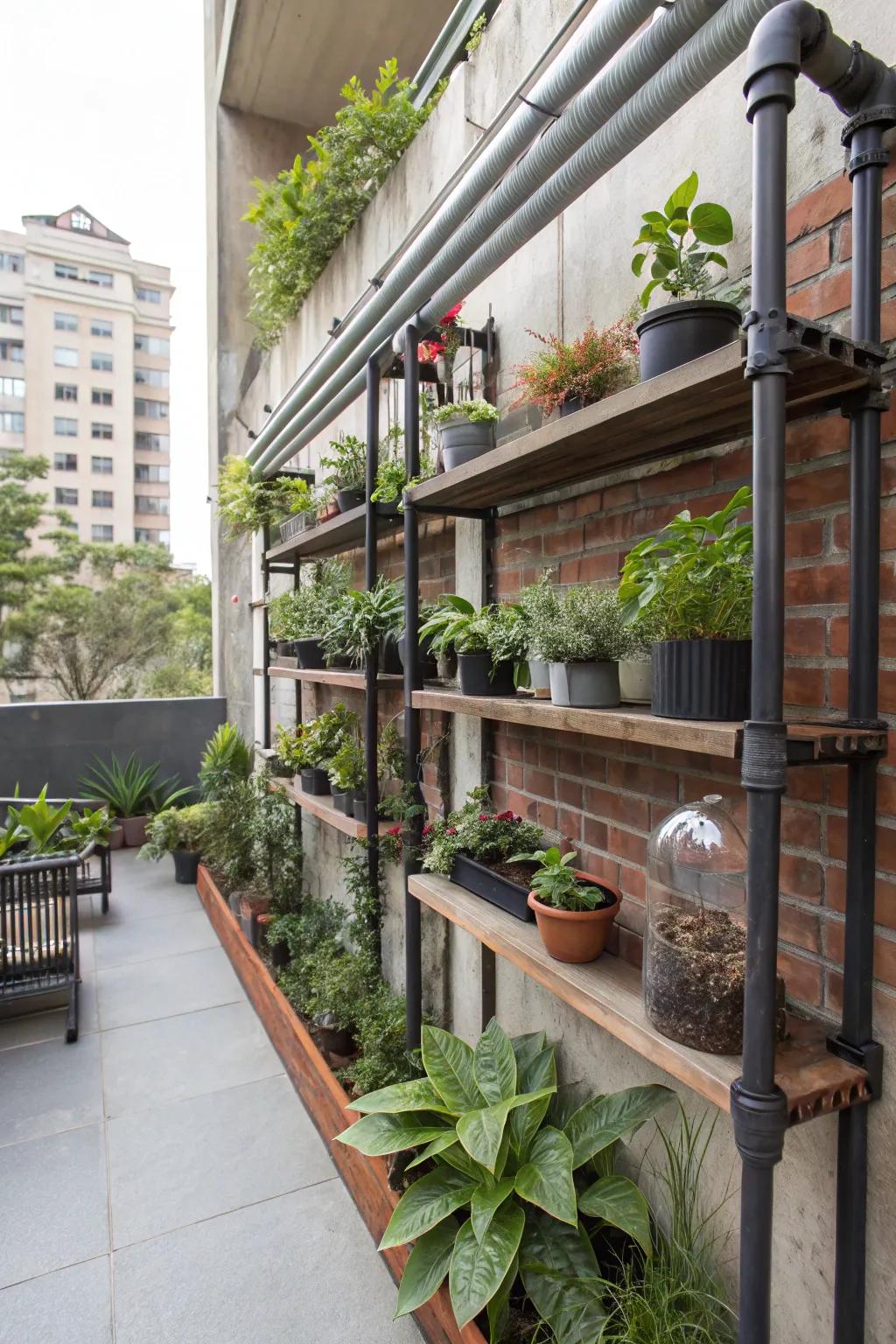 Industrial pipe shelves offer a modern, chic touch.