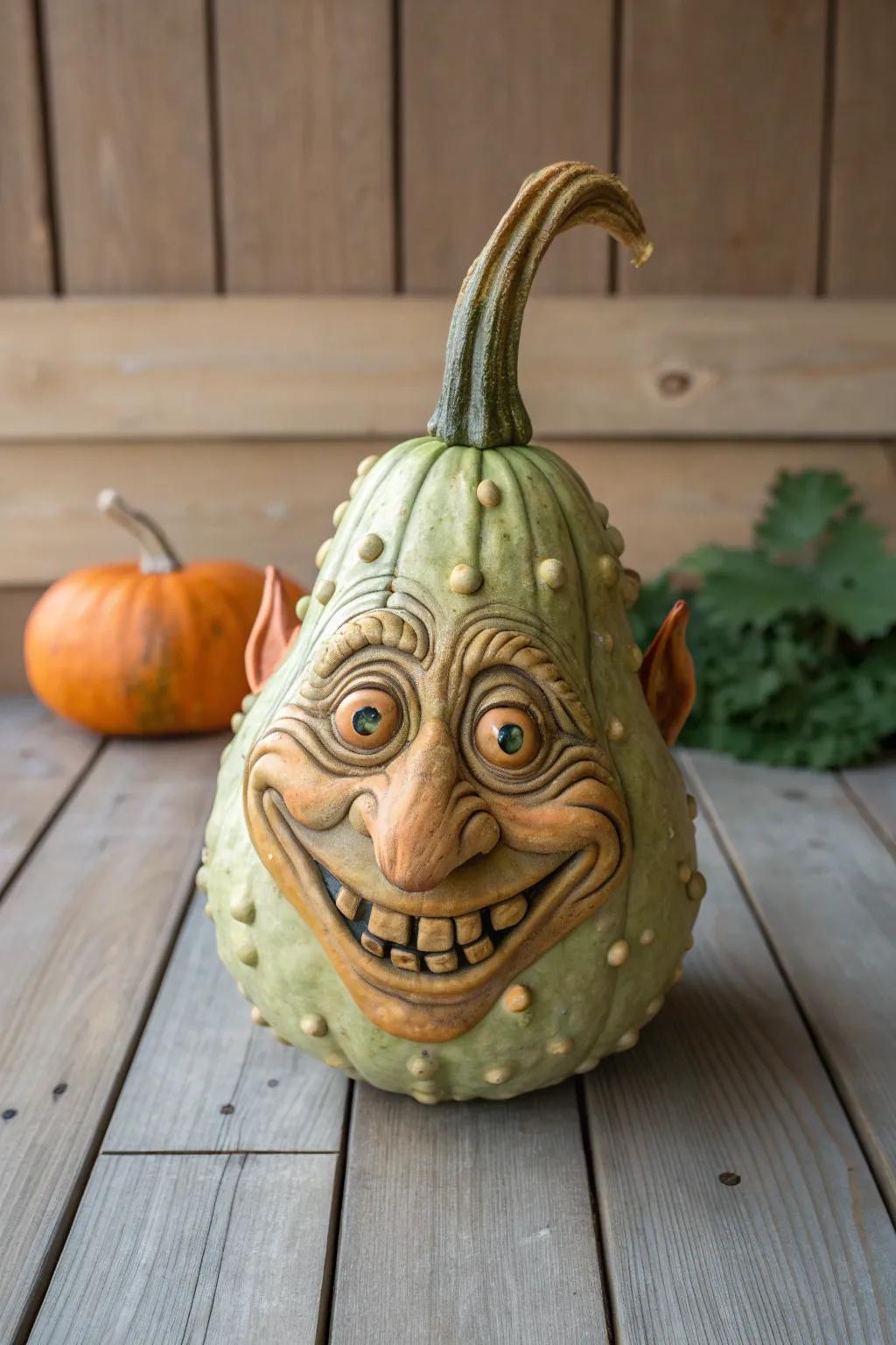 Embrace whimsy with a gourd goblin that brings natural charm to your autumn displays.