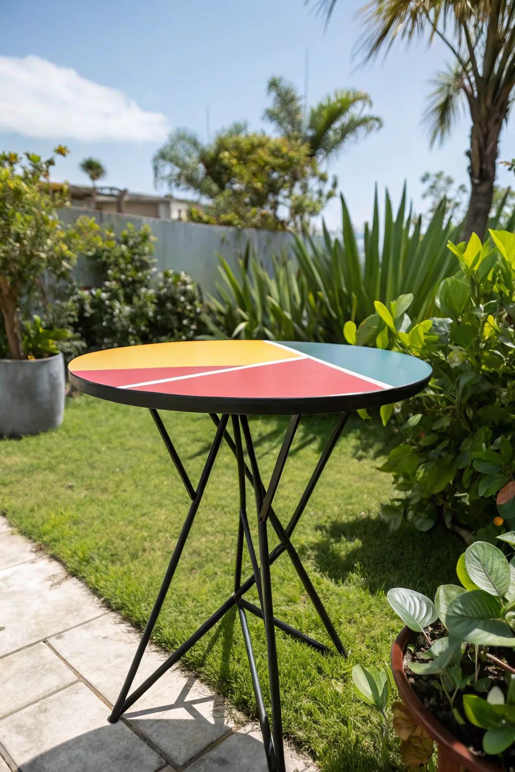 A bold and bright powder-coated metal tabletop, perfect for a modern outdoor aesthetic.