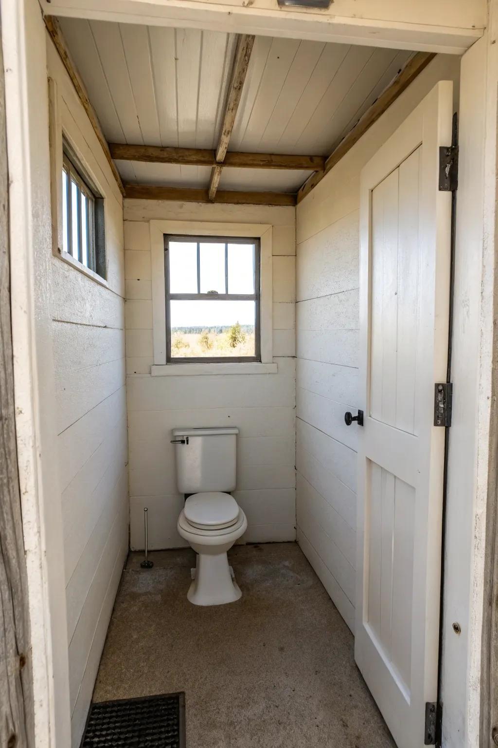 A minimalist design keeps this outhouse bathroom clean and serene.