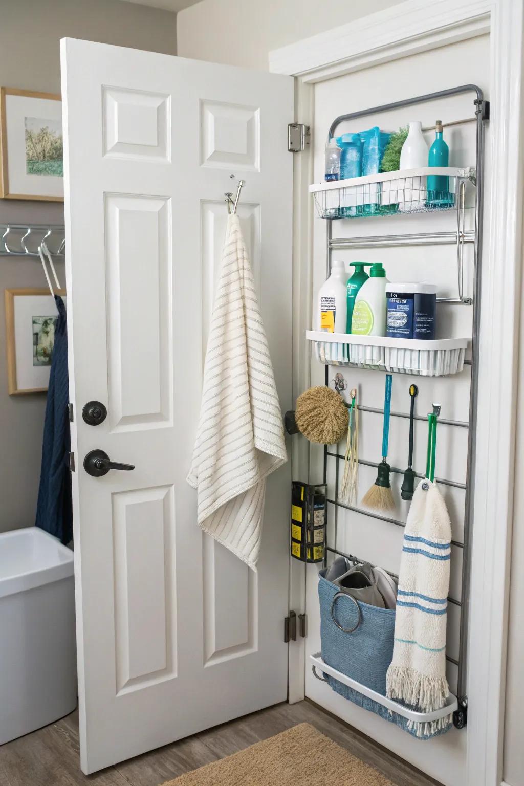 Organize cleaning supplies efficiently on the door.