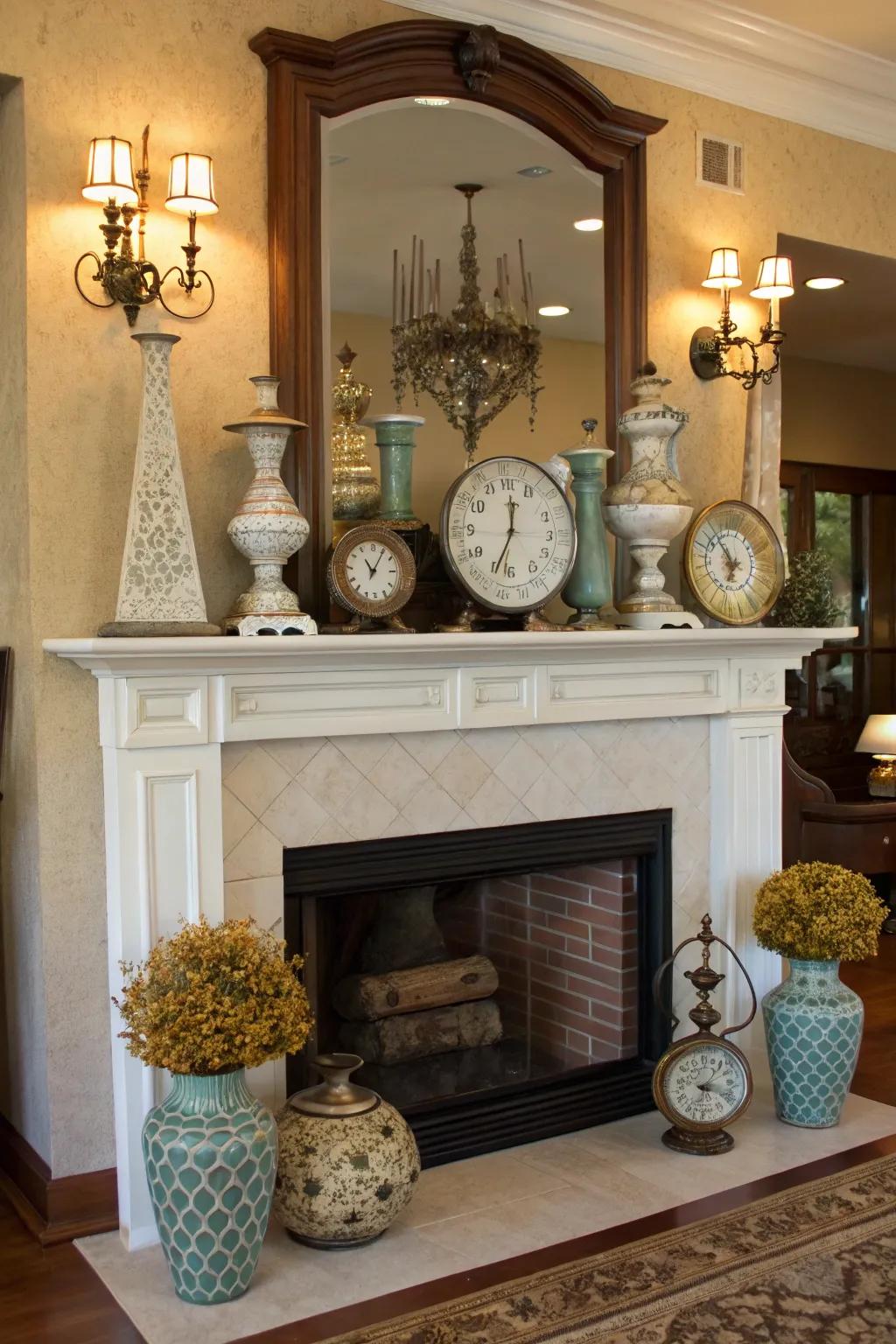 Playing with scale and height adds dynamic interest to your fireplace mantel.