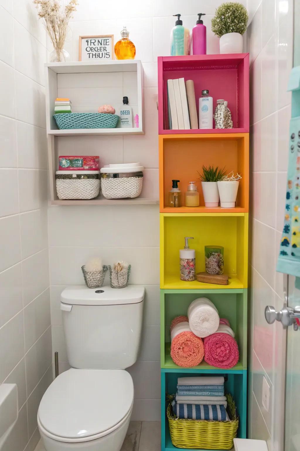 Contrast shelves add a vibrant touch to your bathroom storage.