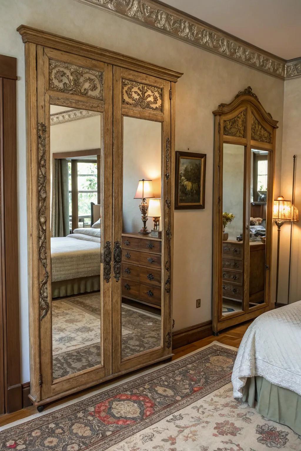 An antique mirror effect adds vintage charm to mirrored doors.