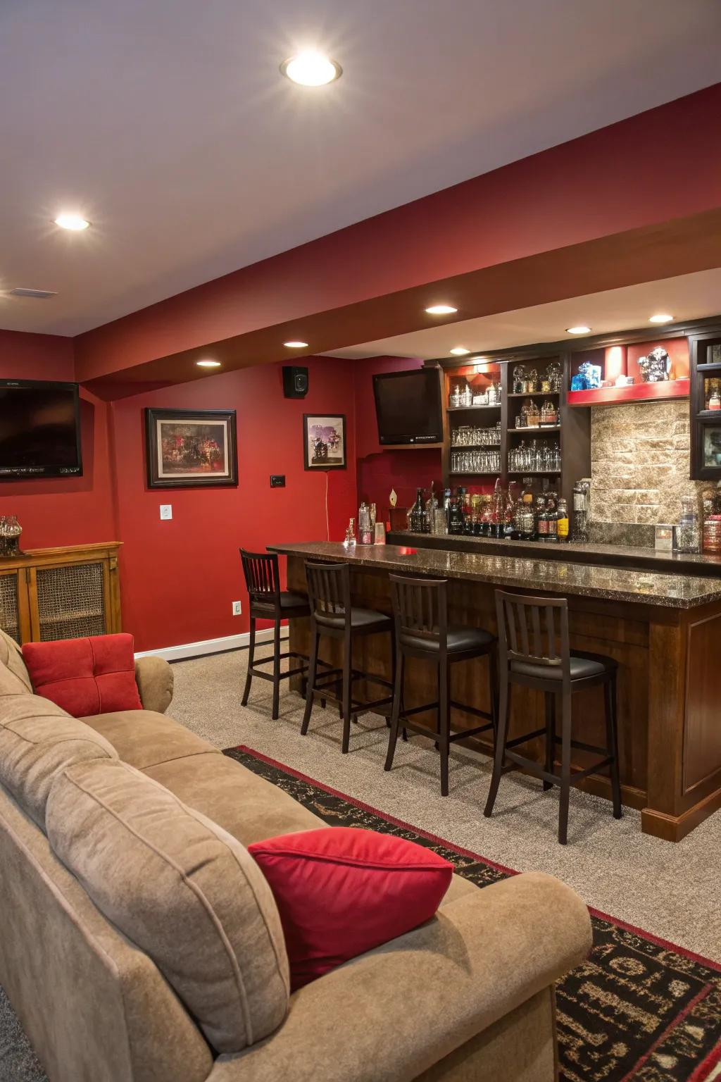 Vibrant red accents inject energy and personality into this home bar.