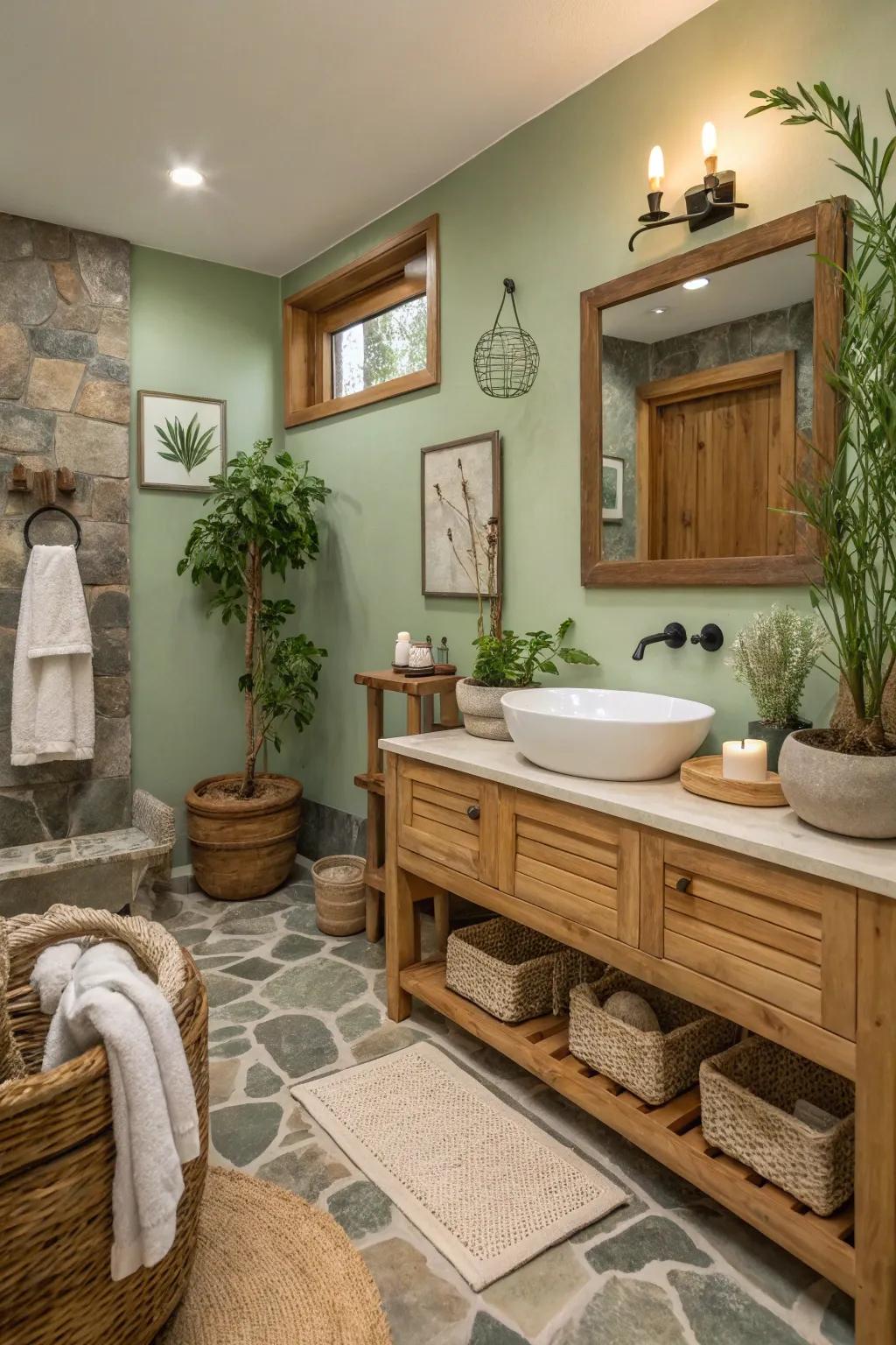 Nature-inspired greens create a soothing vibe in this bathroom.