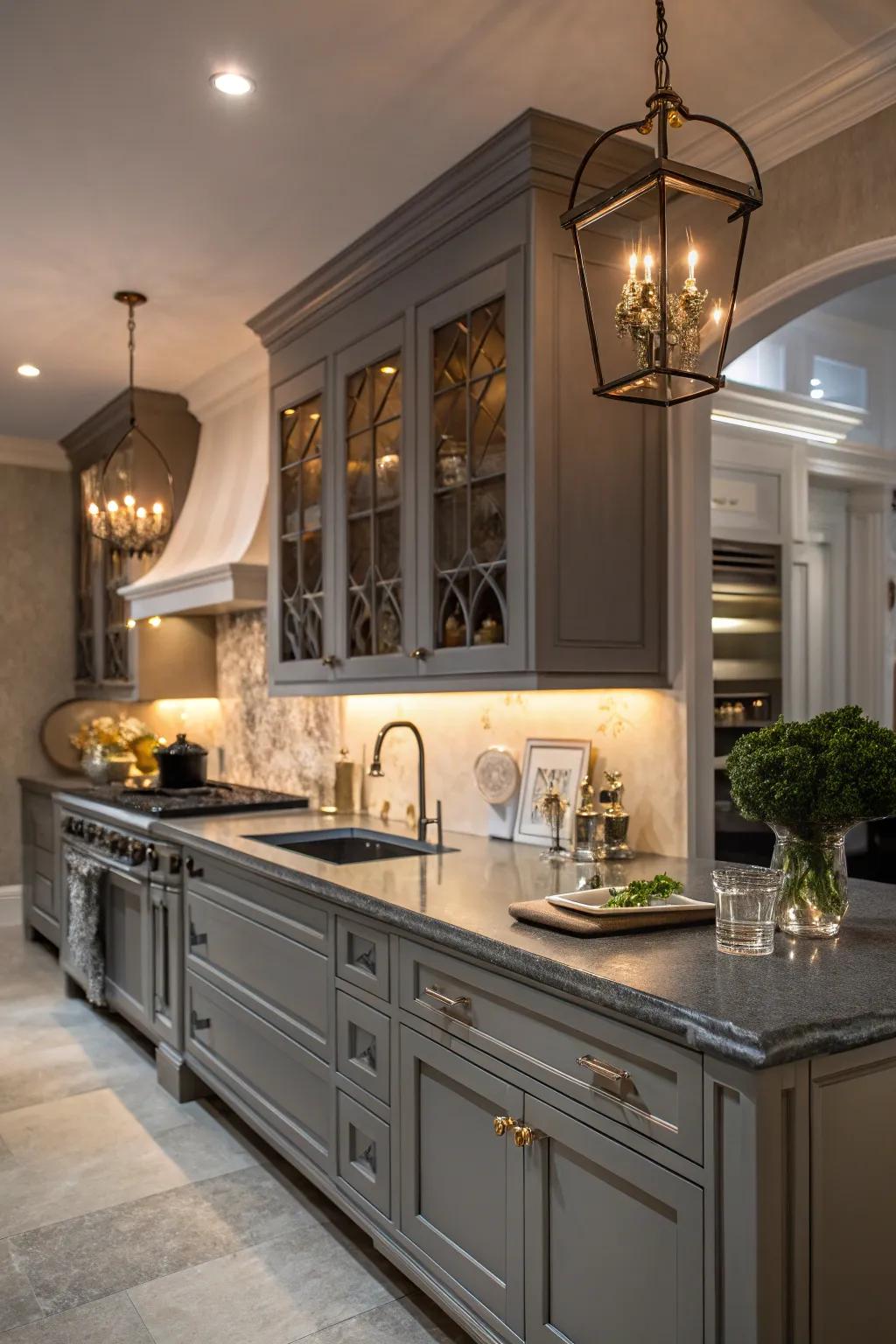 Moody gray countertops offer a chic, modern appeal.