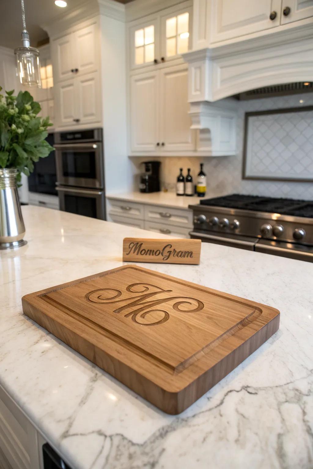 A personalized cutting board featuring a beautifully painted monogram.