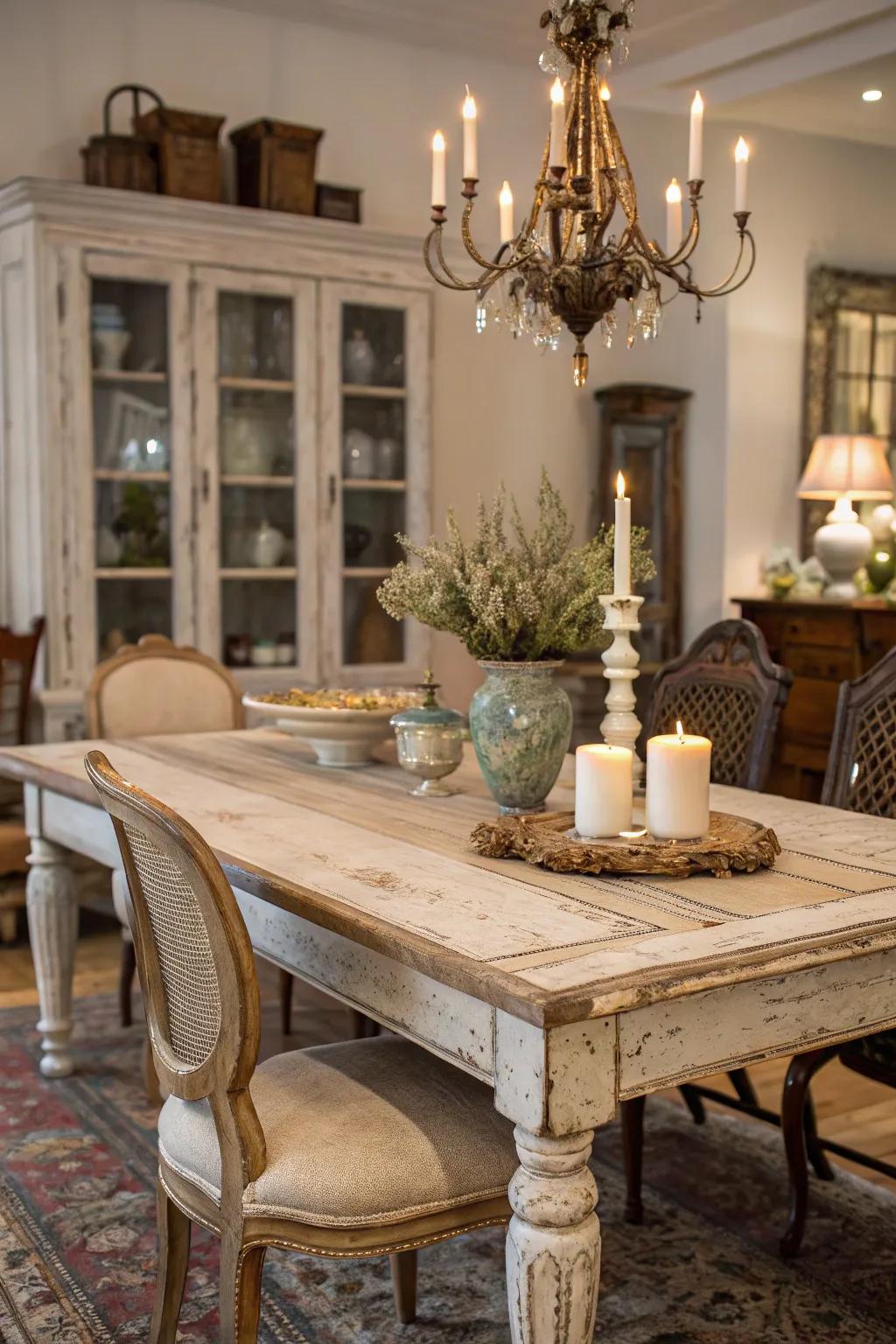 A distressed finish adds vintage charm and character.