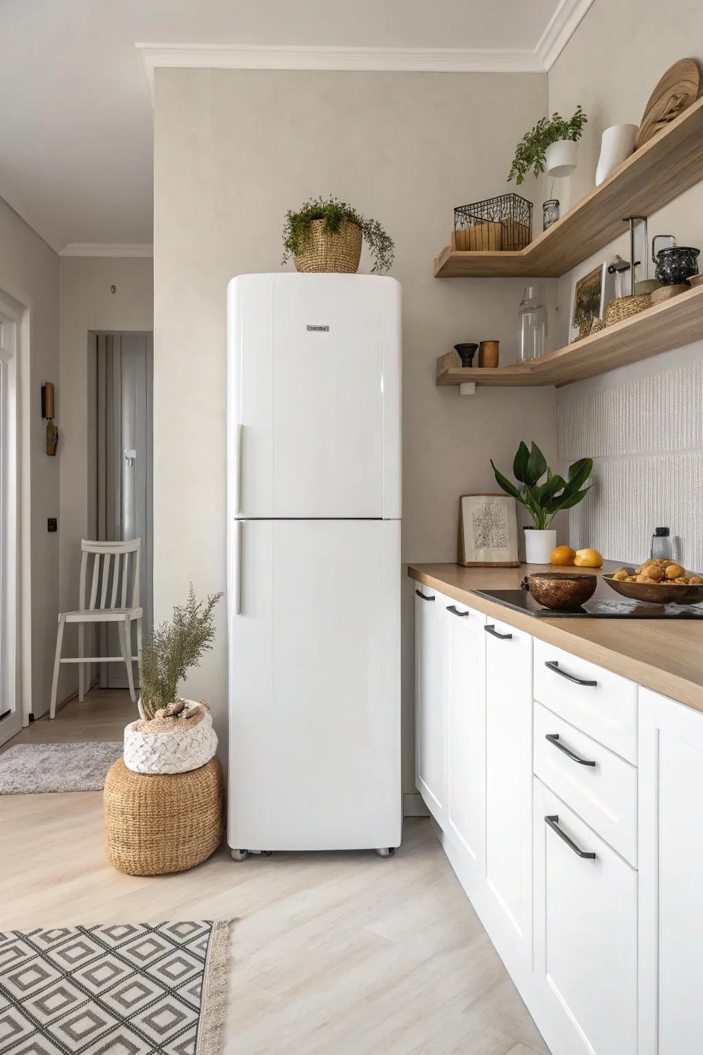 A white fridge enhances the minimalist aesthetic of your kitchen.