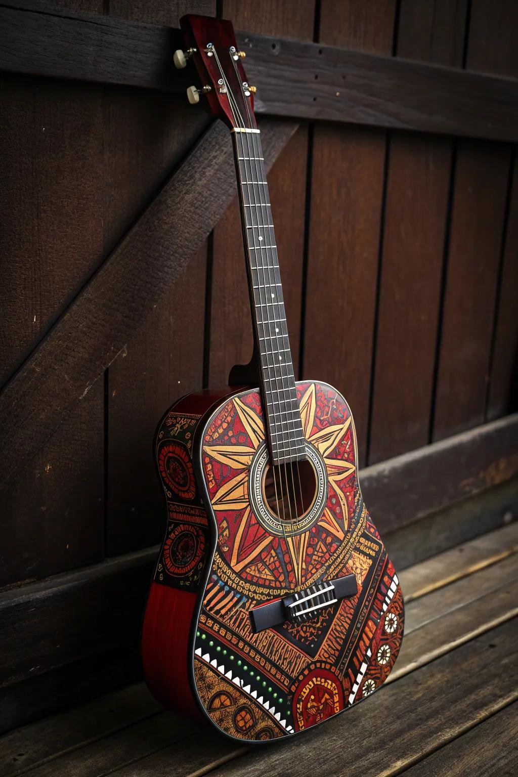Celebrate cultural heritage with a guitar that tells a story through stunning tribal patterns.
