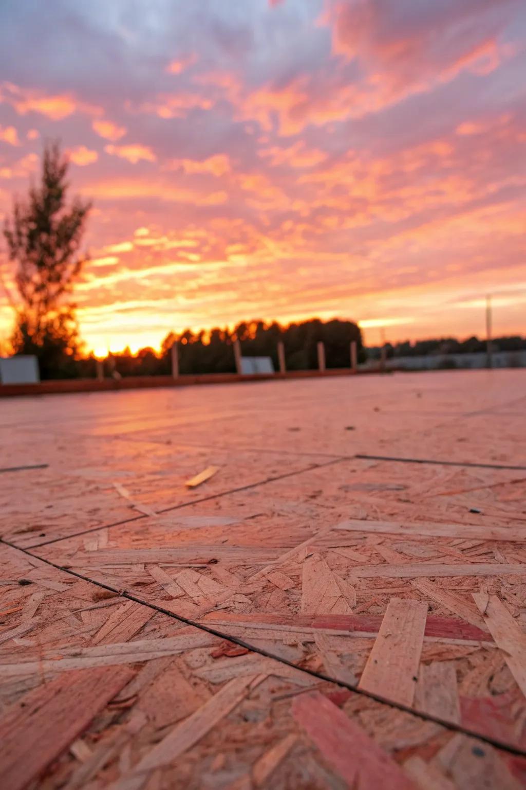 Transform your space with sunset hues: an artisan-crafted OSB floor that brings warmth and serenity indoors.
