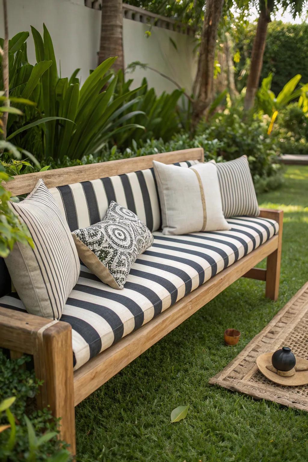 Elevate your garden with a bold striped bench that blends modern flair with natural beauty.