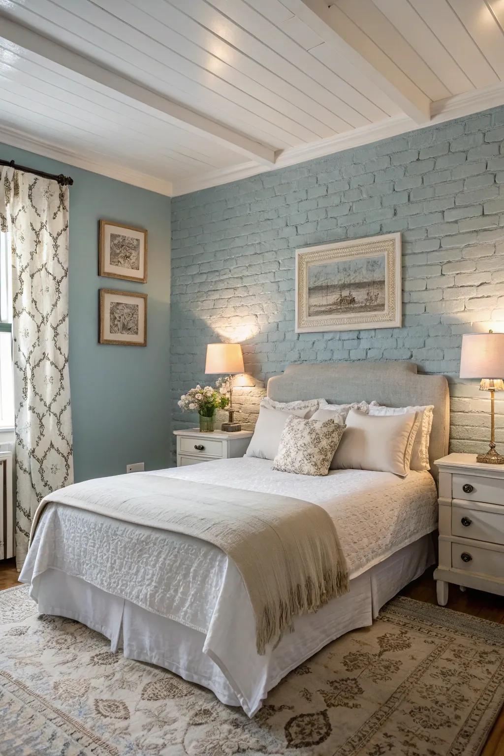 Muted blue painted brick walls creating a serene atmosphere in the bedroom.