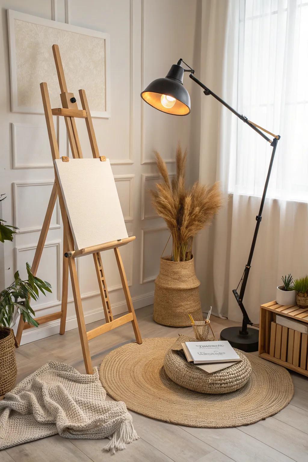 Illuminate your creativity with versatile lighting in a serene, minimalist painting studio.