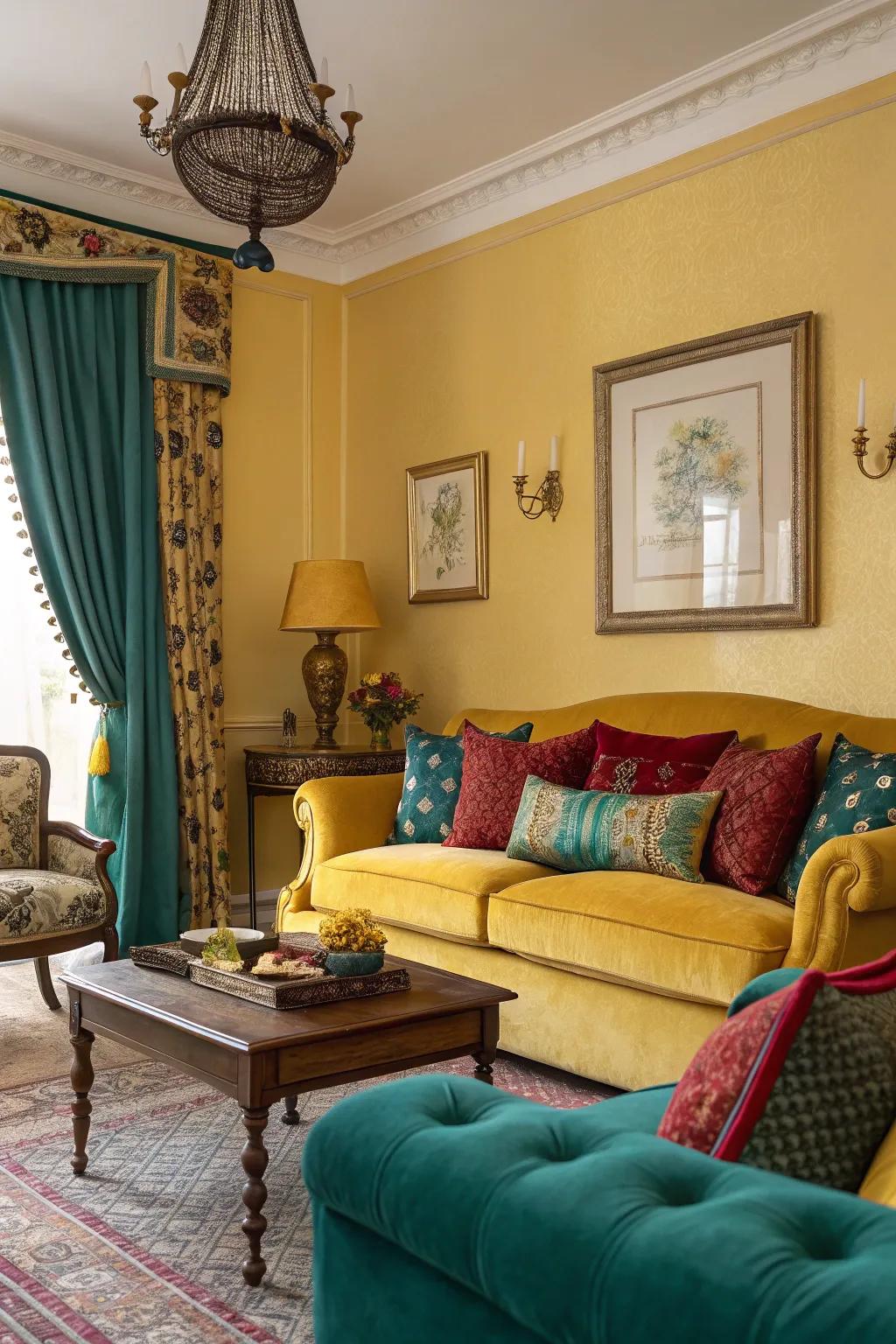 Jewel tones and yellow together create a luxurious living room aesthetic.