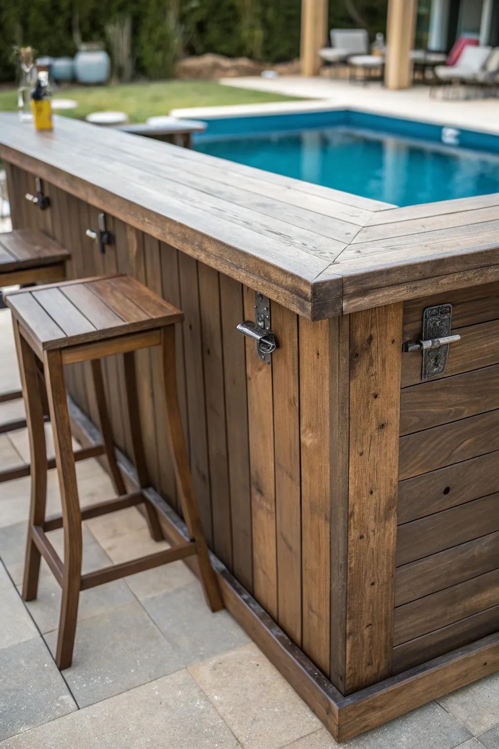 Elevate your poolside gatherings with this stunning handcrafted pallet bar, where rustic charm meets modern elegance.