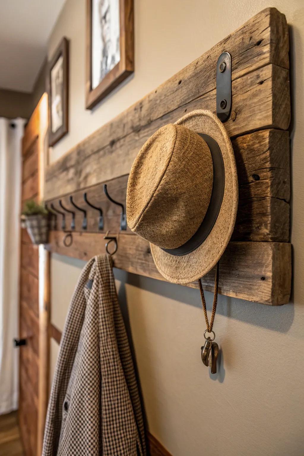 Elevate your space with timeless craftsmanship: a hat rack crafted from reclaimed wood.