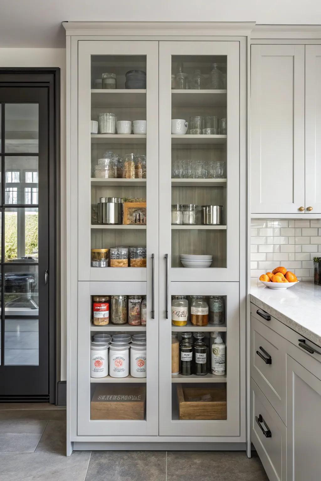 Hidden shelving maintains a clean and clutter-free kitchen.