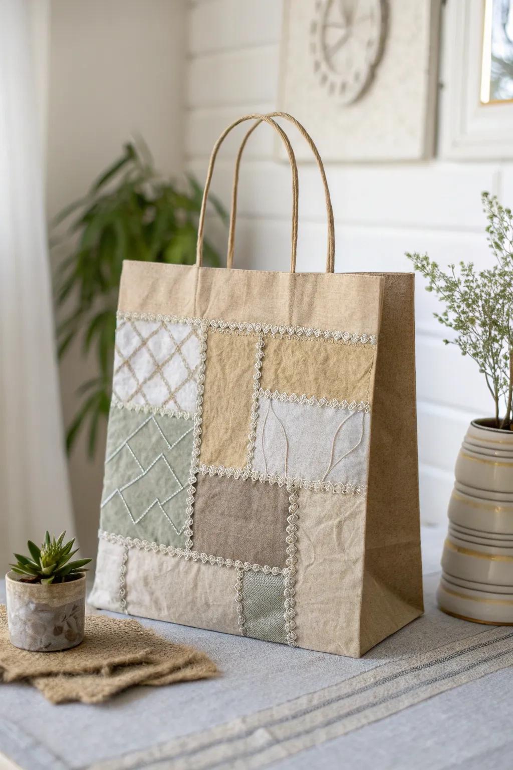 Elevate your packaging with a touch of artistry—transform paper bags into unique masterpieces using fabric collage. Perfect for those who cherish simplicity and craftsmanship.