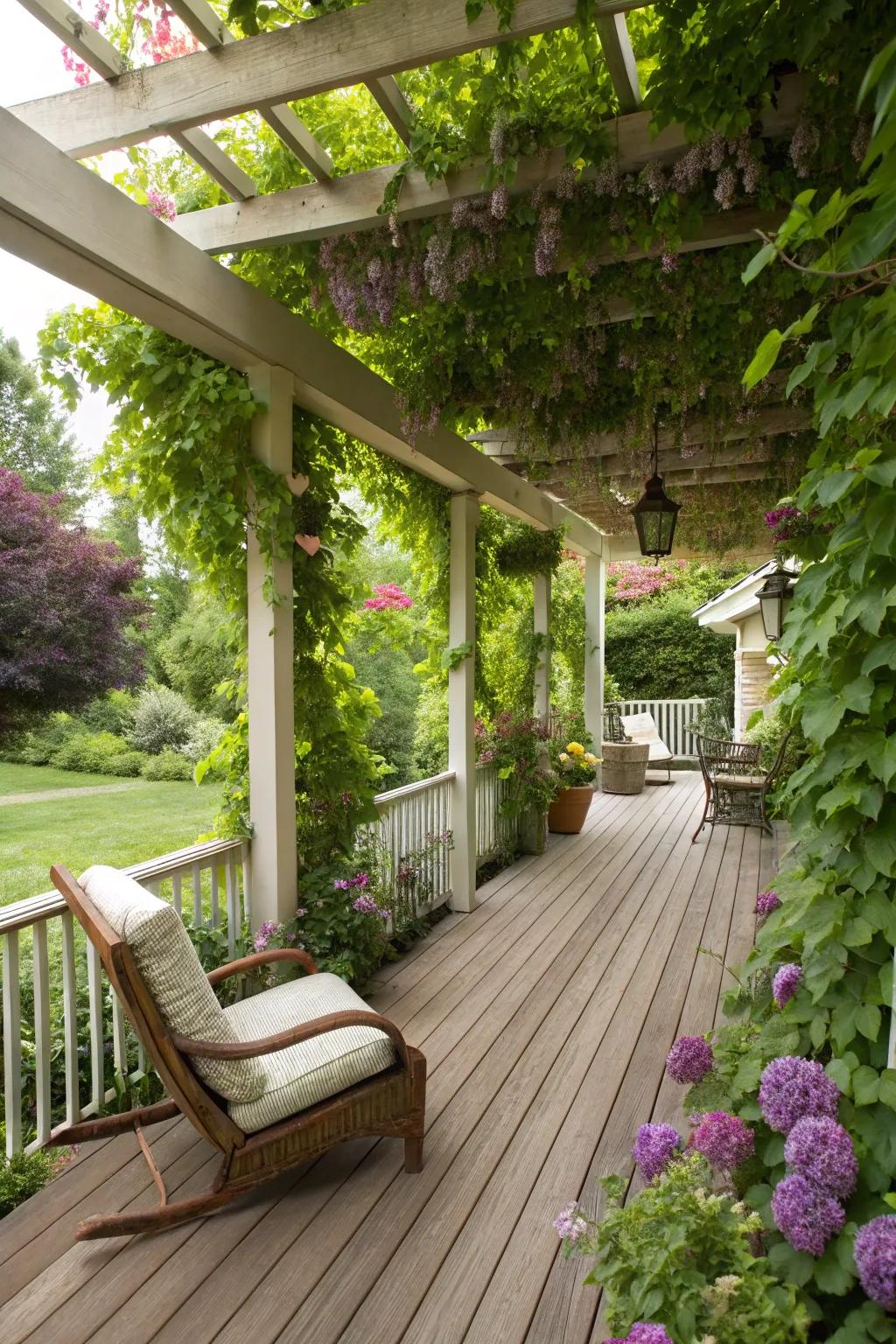 A verdant deck with a trellis, enhanced by hanging plants for a refreshing atmosphere.