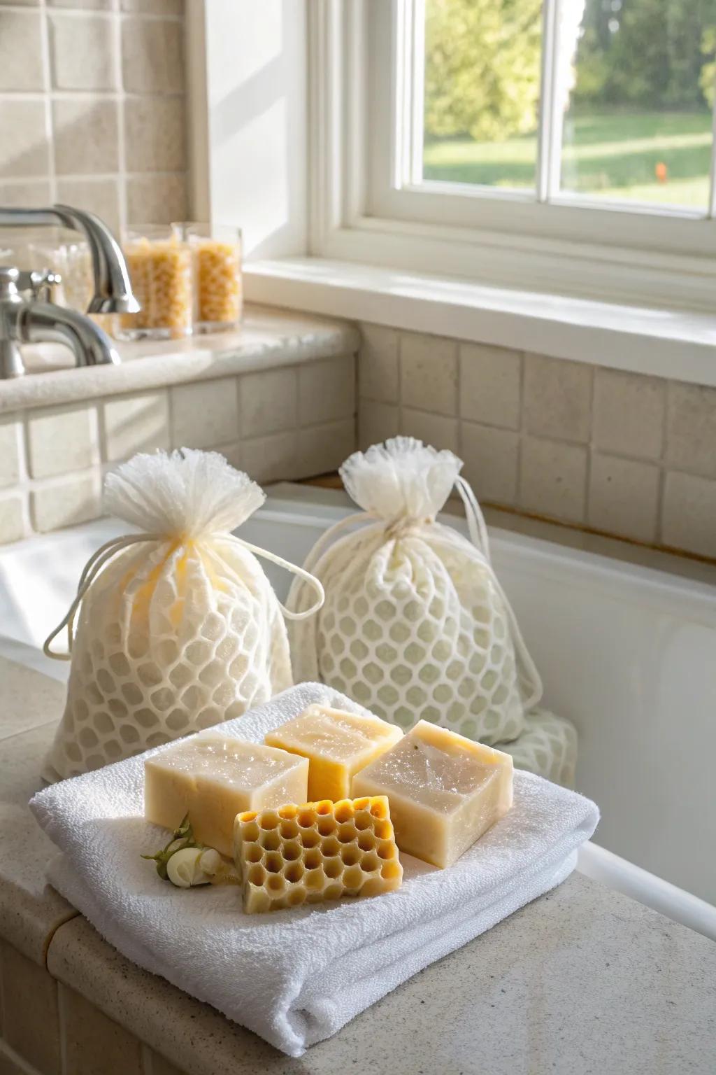 Honeycomb soaps in gauze bags offer an eco-friendly and elegant gift.